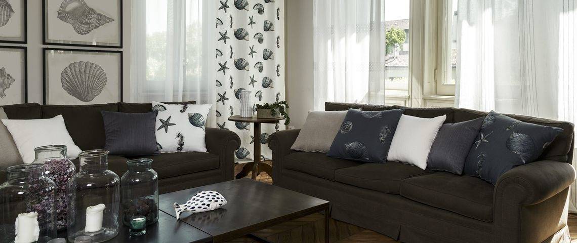 Wohnzimmer dekorative Vorhänge mit Muscheln Vorhangsystem mit Tagesvorhängen